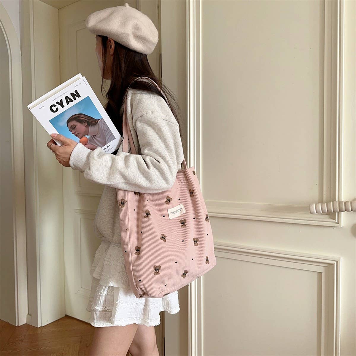 CWAB3901_CORDUROY BEAR PRINT SINGLE SHOULDER UNDERARM BAG