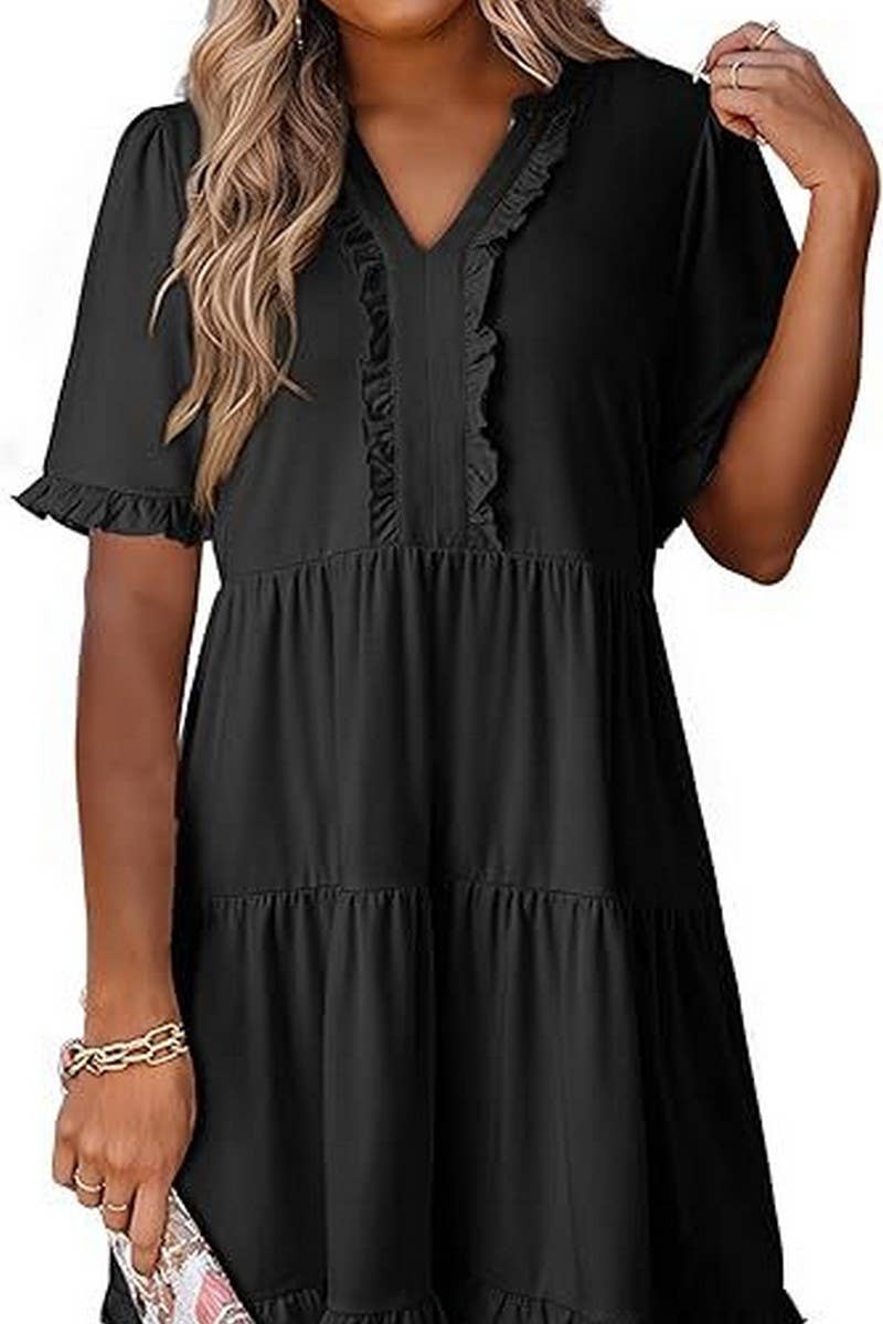 CWDSD8780_V-NECK SHORT-SLEEVED CASUAL A-LINE RUFFLED MINI DR