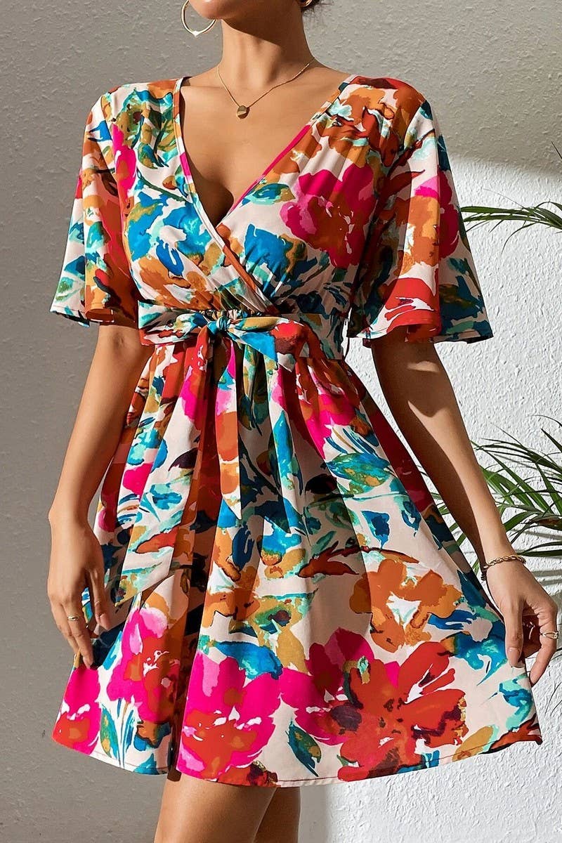 CWDSD6964_FLORAL PRINT CROSSOVER NECK BELTED DRESS