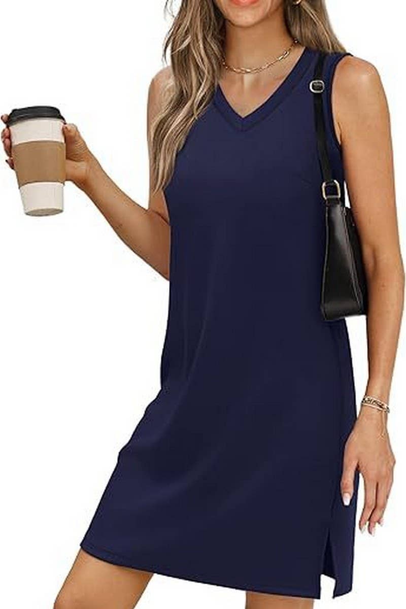 CWDSD8777_V-NECK SLEEVELESS BOTTOM SLIT SOLID COLOR VEST DRE