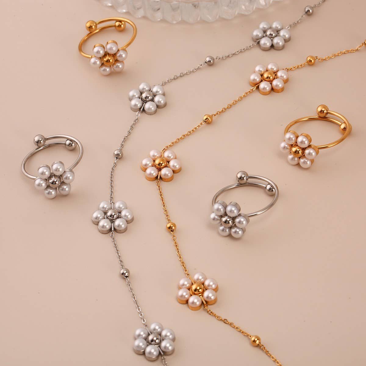 Fashion Steel Daisy Necklace with Pearl Set_CWMM8837