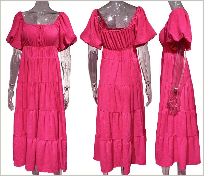 SQUARE-NECK HIGH-WAISTED PLEATED DRESS