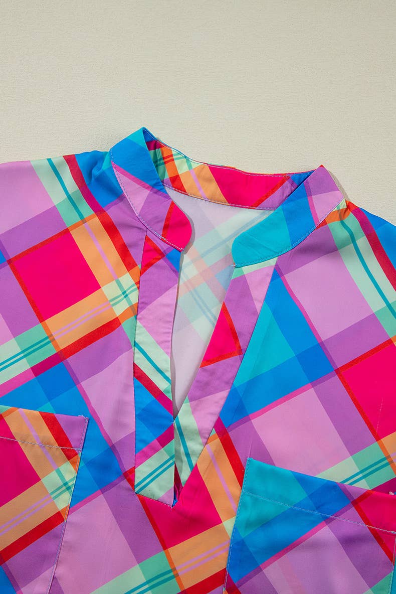 LOOSE COLORED PLAID SHORT-SLEEVED DRESS