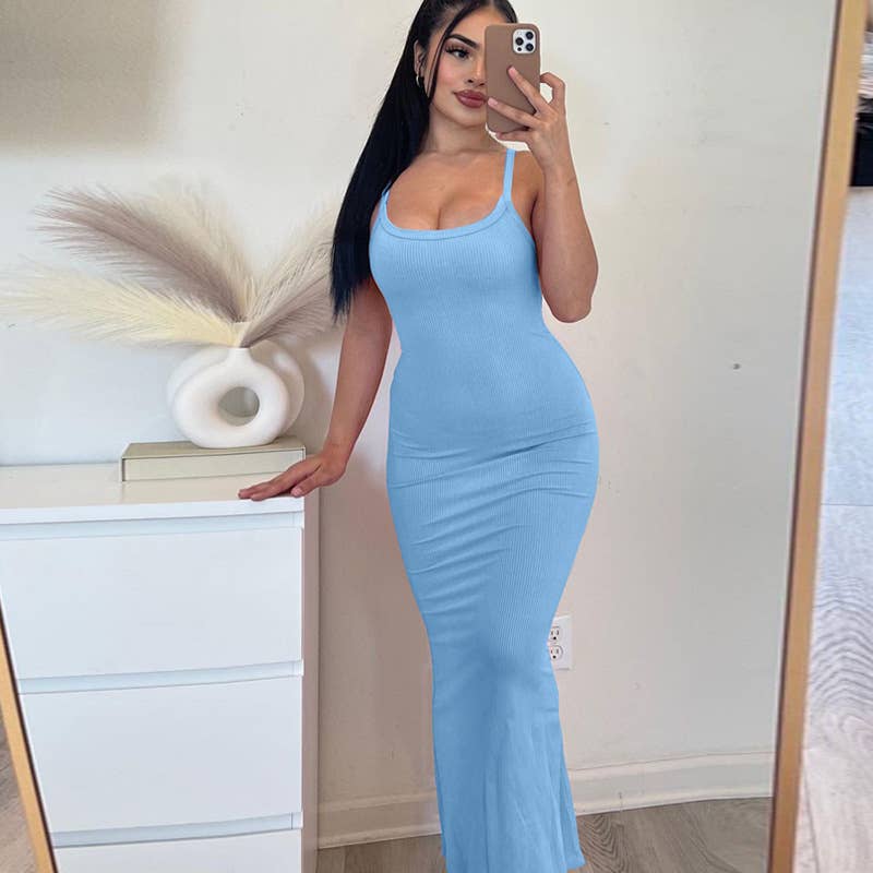 Sexy slim drop pit strip long halter dress