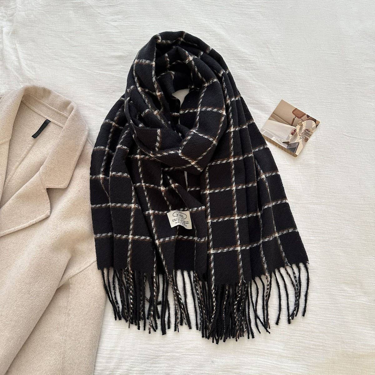 CWASC03132_PLAID CASHMERE FEEL SCARF WINTER WARM TASSEL SHAW