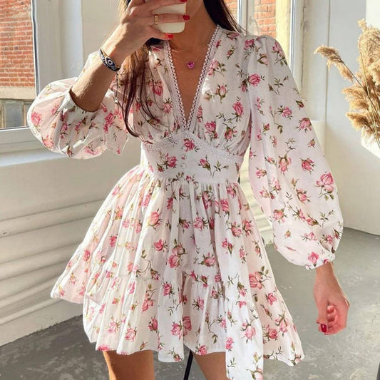 Sweet print V-neck lace short dress