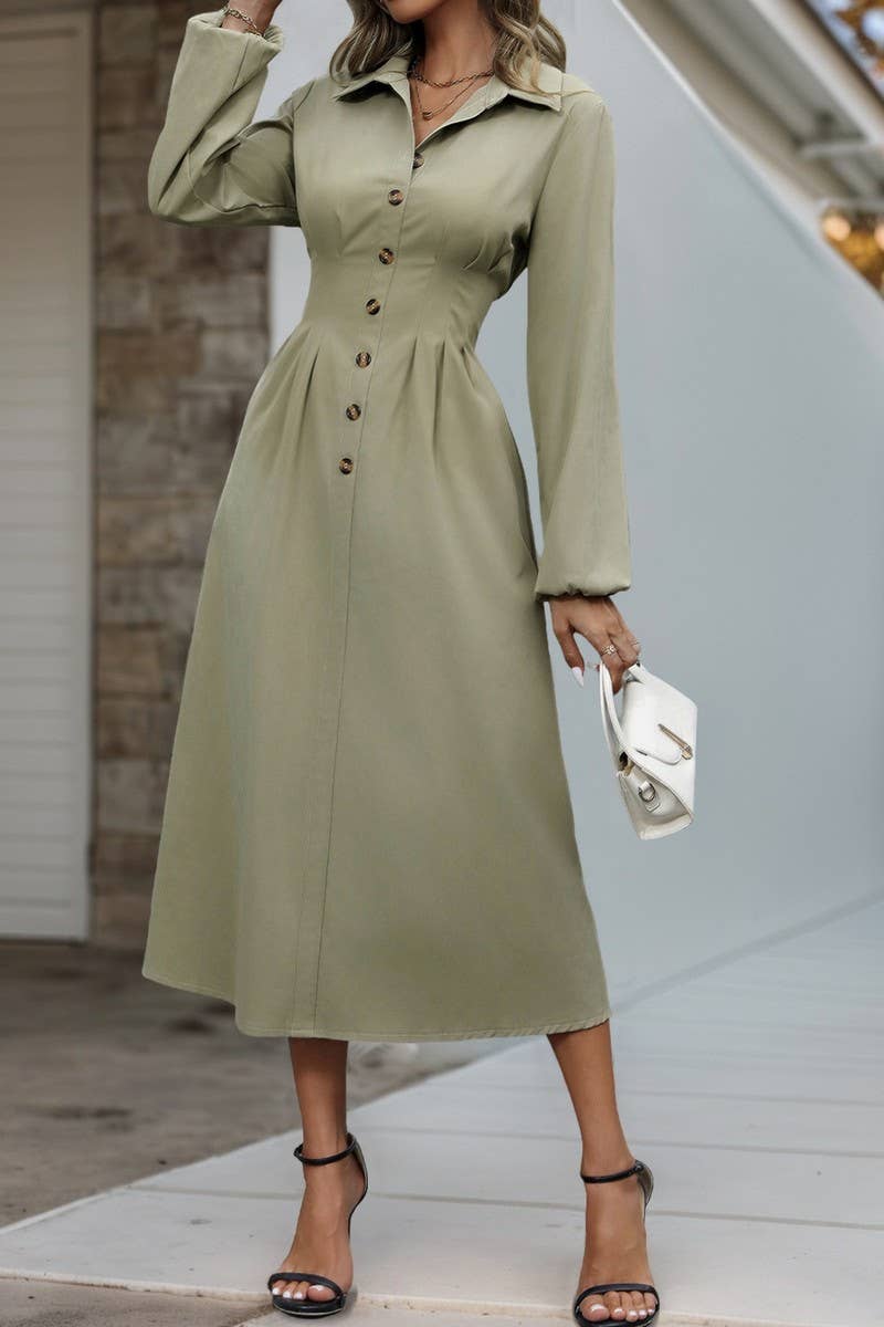 CWDMD4803_AUTUMN COMMUTER LAPEL WAIST BUTTON SHIRT DRESS