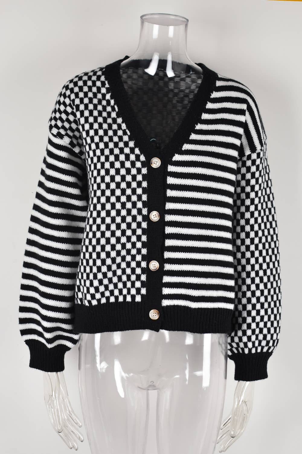 KNITTED PLAID PATCHWORK STRIPED CARDIGAN COAT