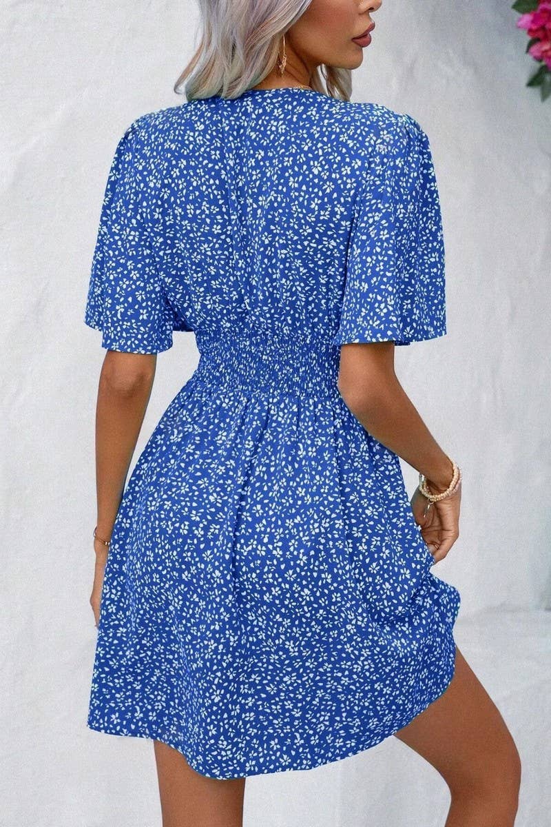 CWDSD8398_DEEP V RUFFLE SLEEVE FLORAL RUCHED VACATION DRESS