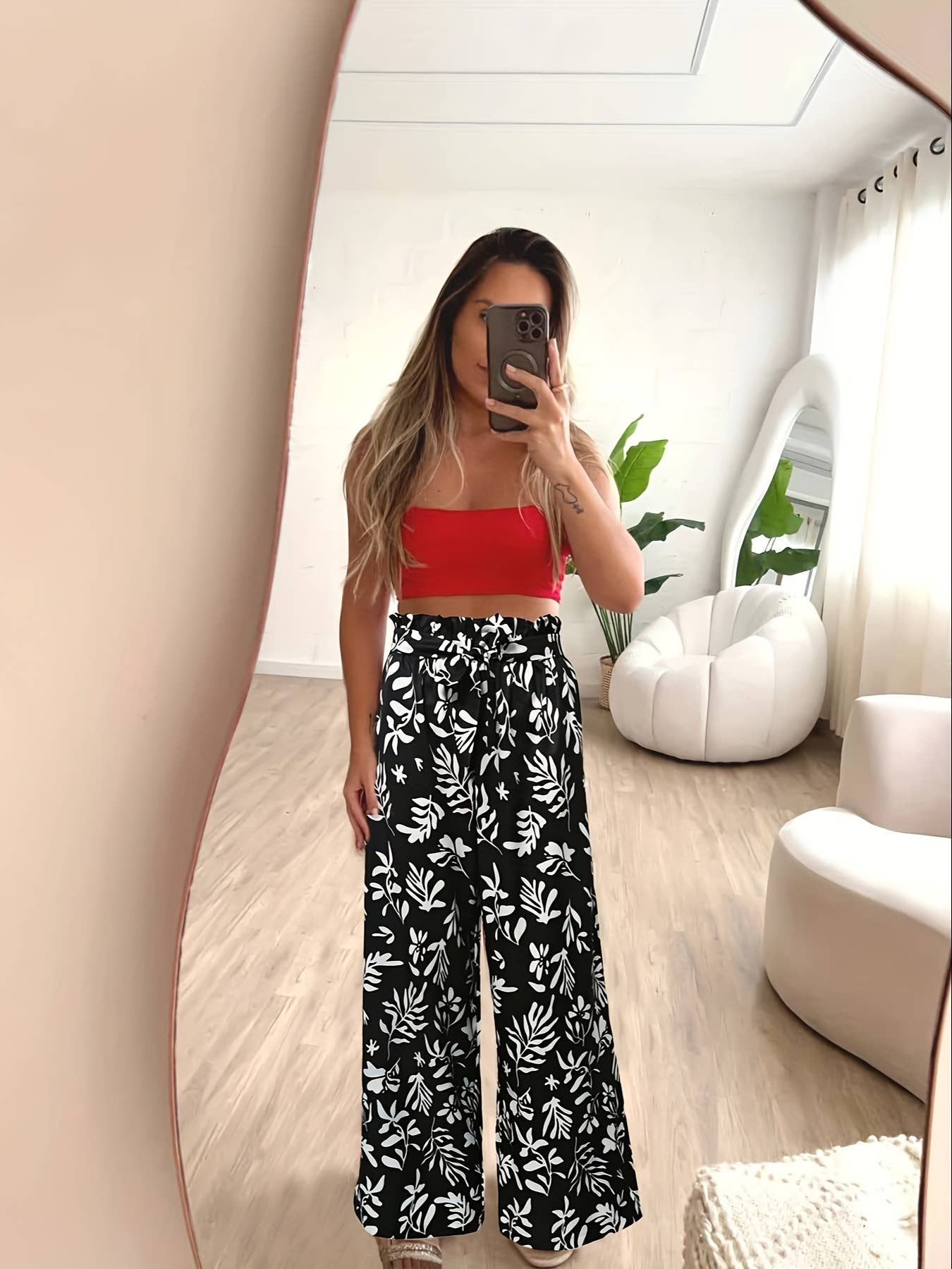 PRINTED ELASTIC WAIST LOOSE STRAIGHT LEG TROUSERS