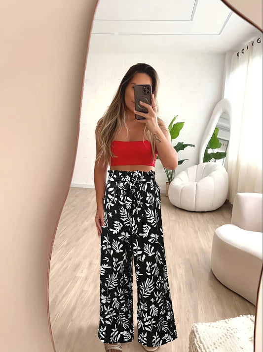 PRINTED ELASTIC WAIST LOOSE STRAIGHT LEG TROUSERS