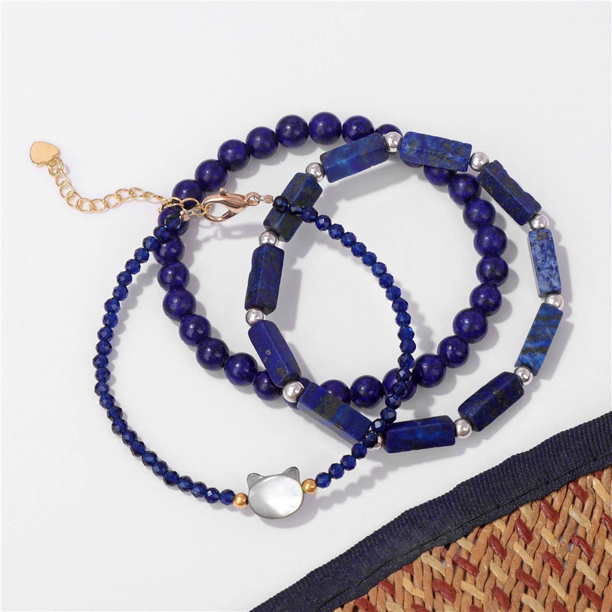 CWAJE4229_STONE BEADS SHELL CAT HEAD THREE-PIECE BRACELET