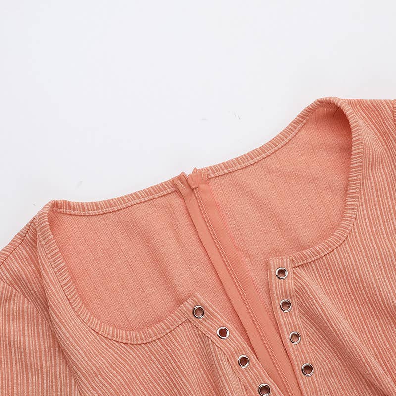 SLIM KNIT MACHINE EYE V-NECK LONG SLEEVE DRESS