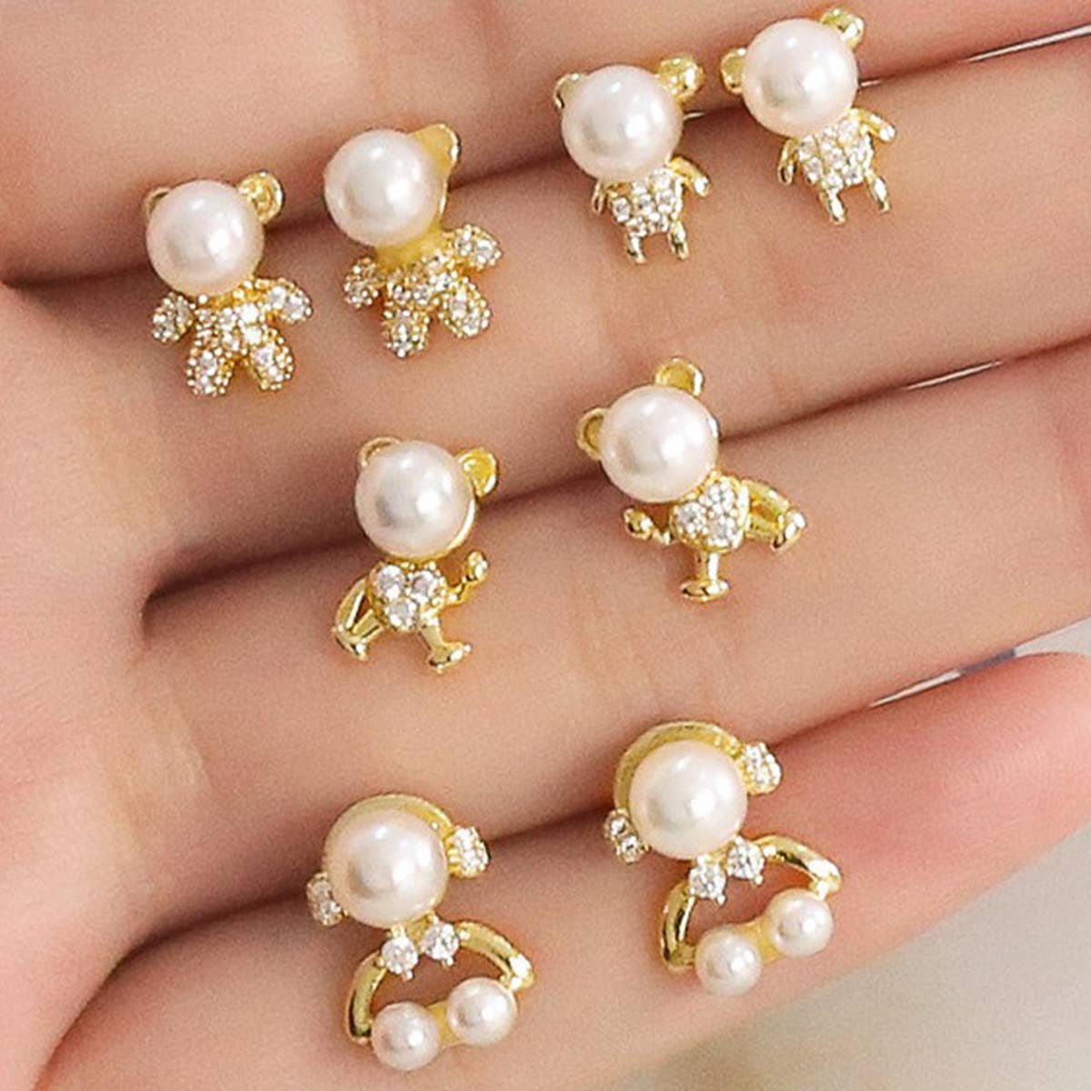 PEARL BEAR EARRINGS ZIRCON GOLD PLATED EARRINGS_CWAJE1003