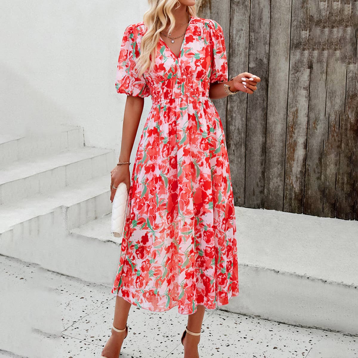 Waist collection printed V-neck dress_CWDMD1502