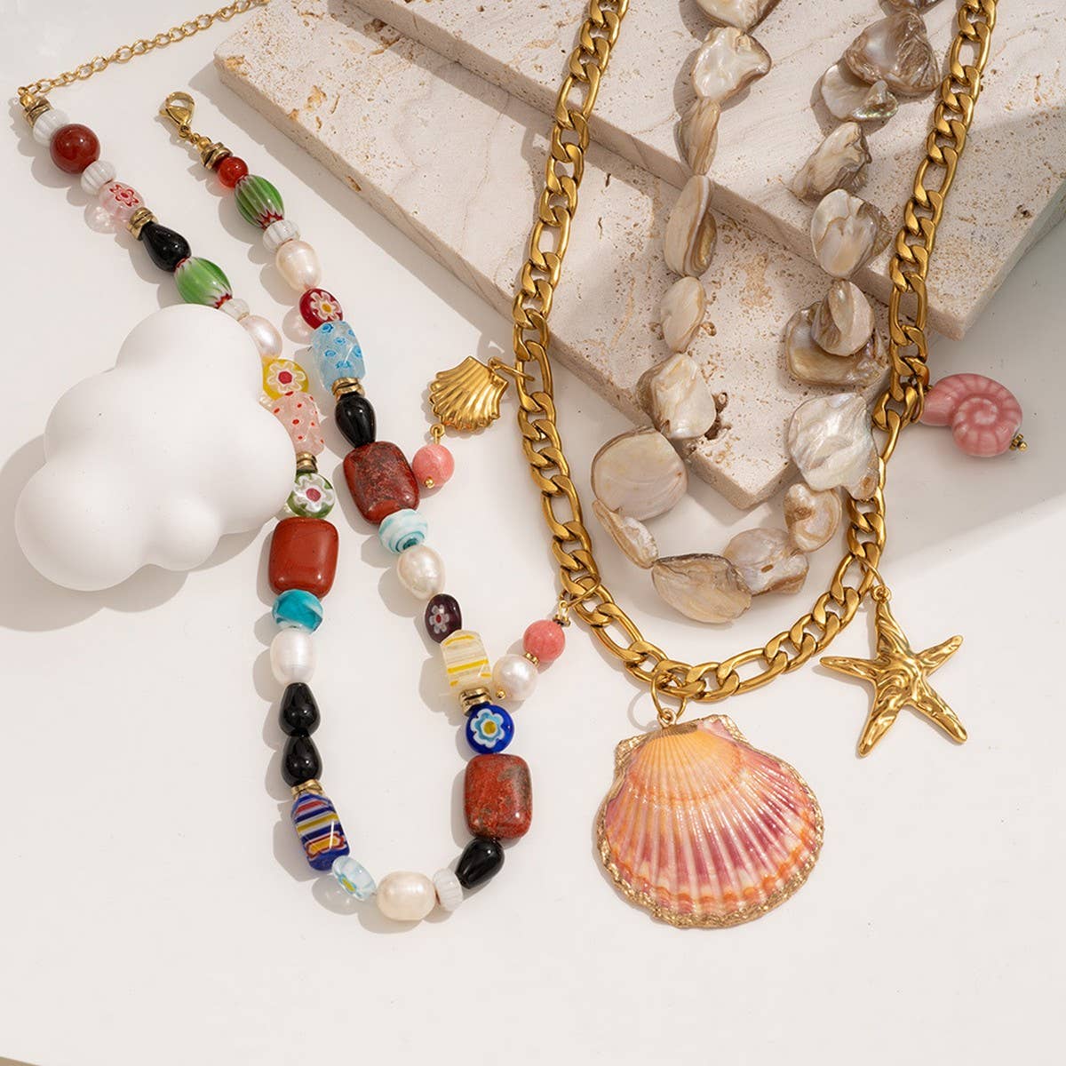 Large Shell & Starfish Beaded Figaro Necklace_CWMM7534