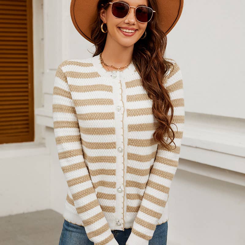 Striped sweater button knit cardigan coat