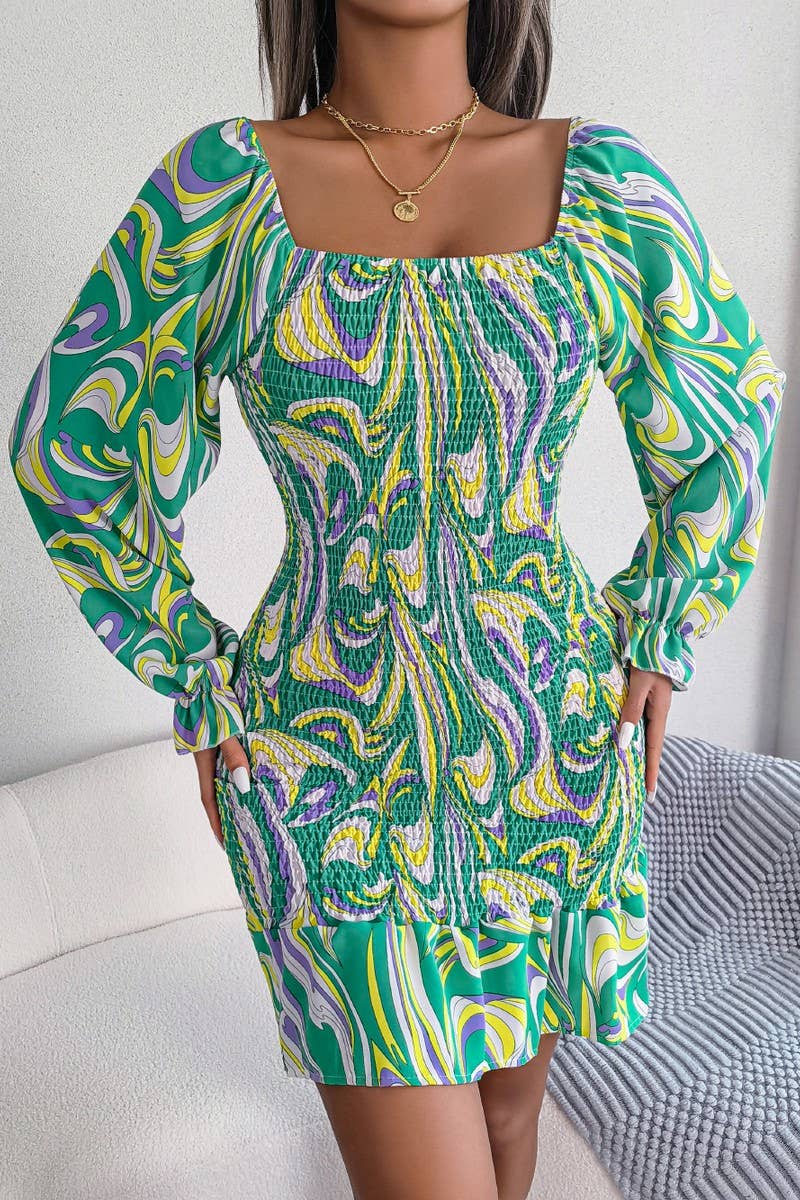 CWDMD4717_SEXY SQUARE NECK LONG SLEEVE RUFFLED HIP DRESS