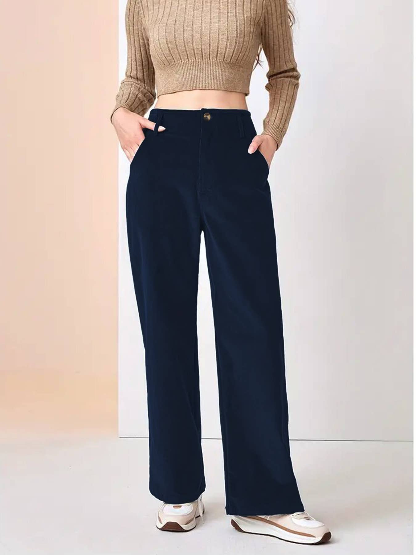 SLIM SLIM CASUAL STRAIGHT PANTS WITH HIGH WAIST