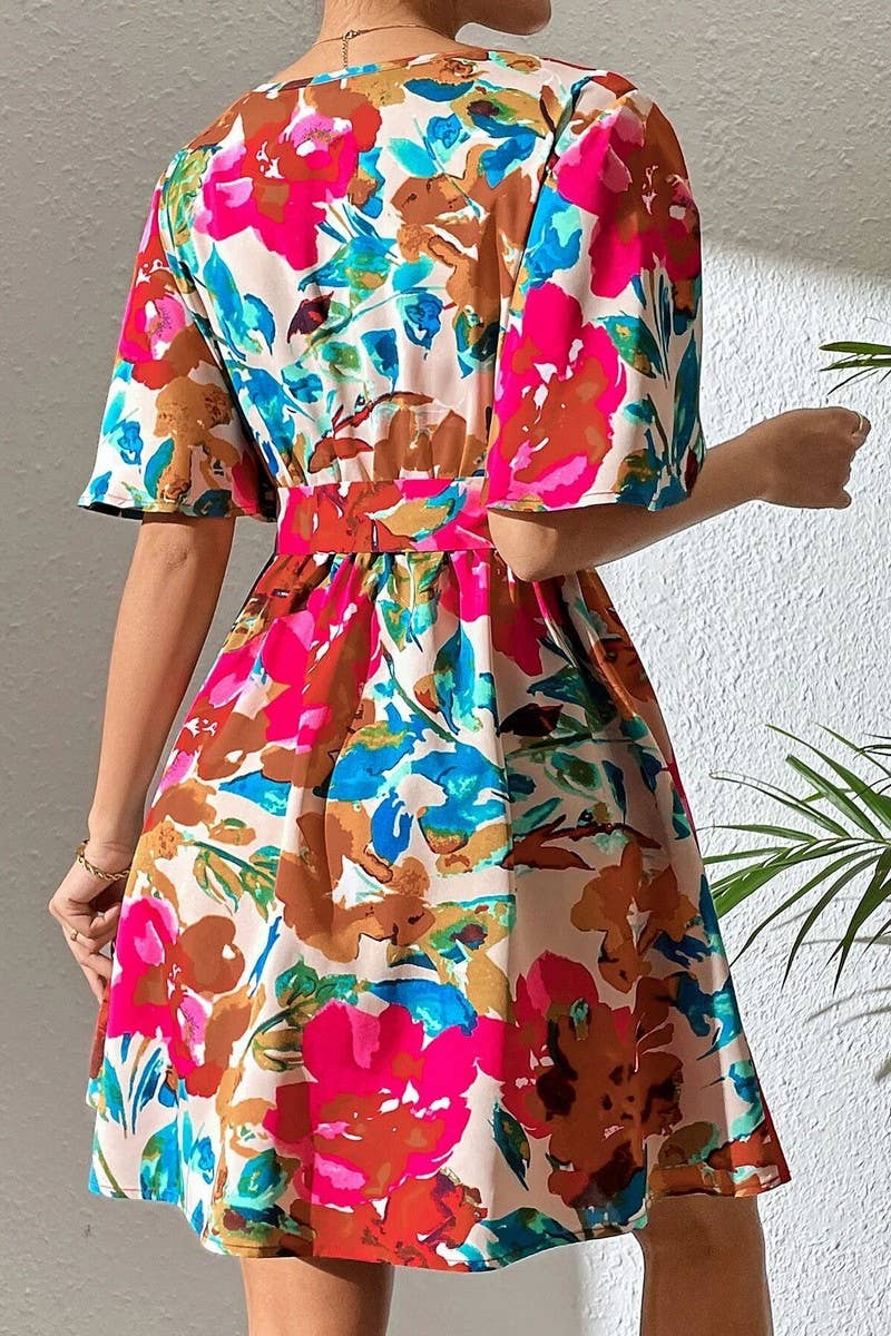 CWDSD6964_FLORAL PRINT CROSSOVER NECK BELTED DRESS