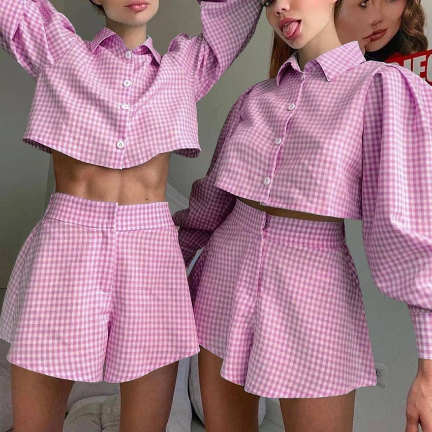 Plaid crop shirt & shorts two-piece set