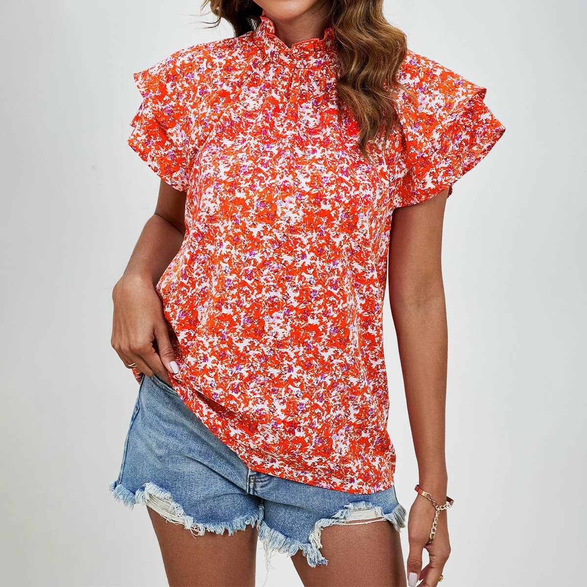 Semi-high-neck double-sleeved loose printed top
