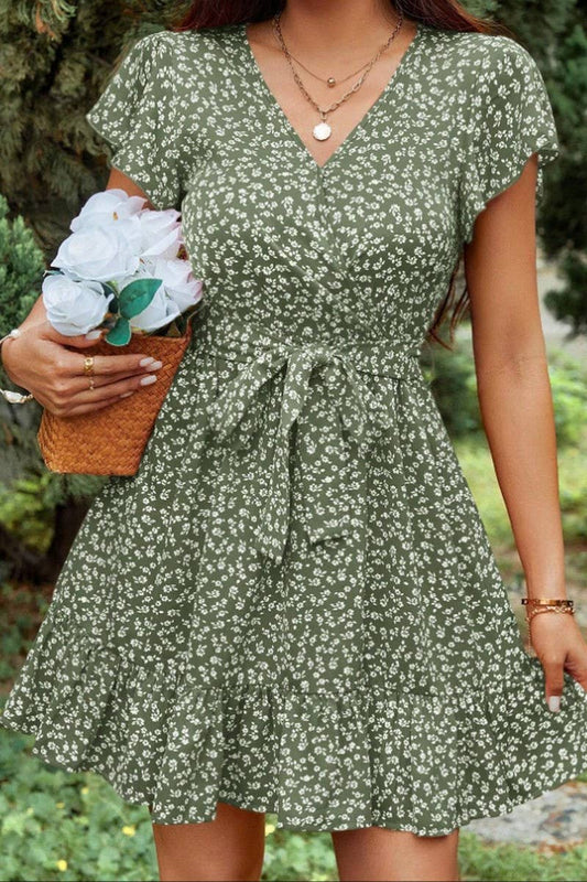 CWDSD10543_V-NECK RUFFLED SHORT-SLEEVED SEXY FLOWING DRESS