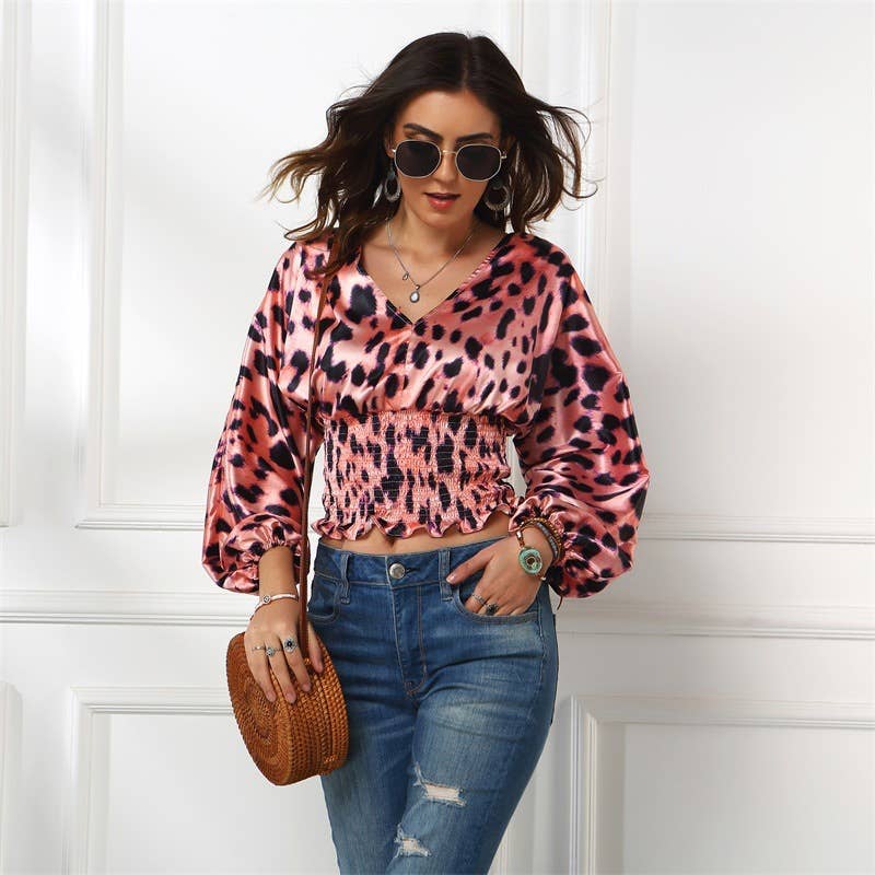 LEOPARD MIDRIFF WAIST FASHION V-NECK T-SHIRT