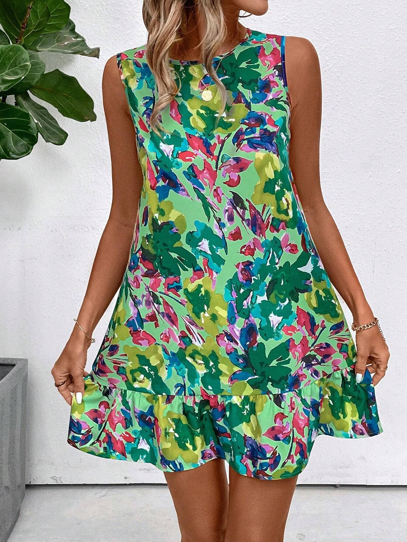 Elegant floral printed sleeveless ruffled dress