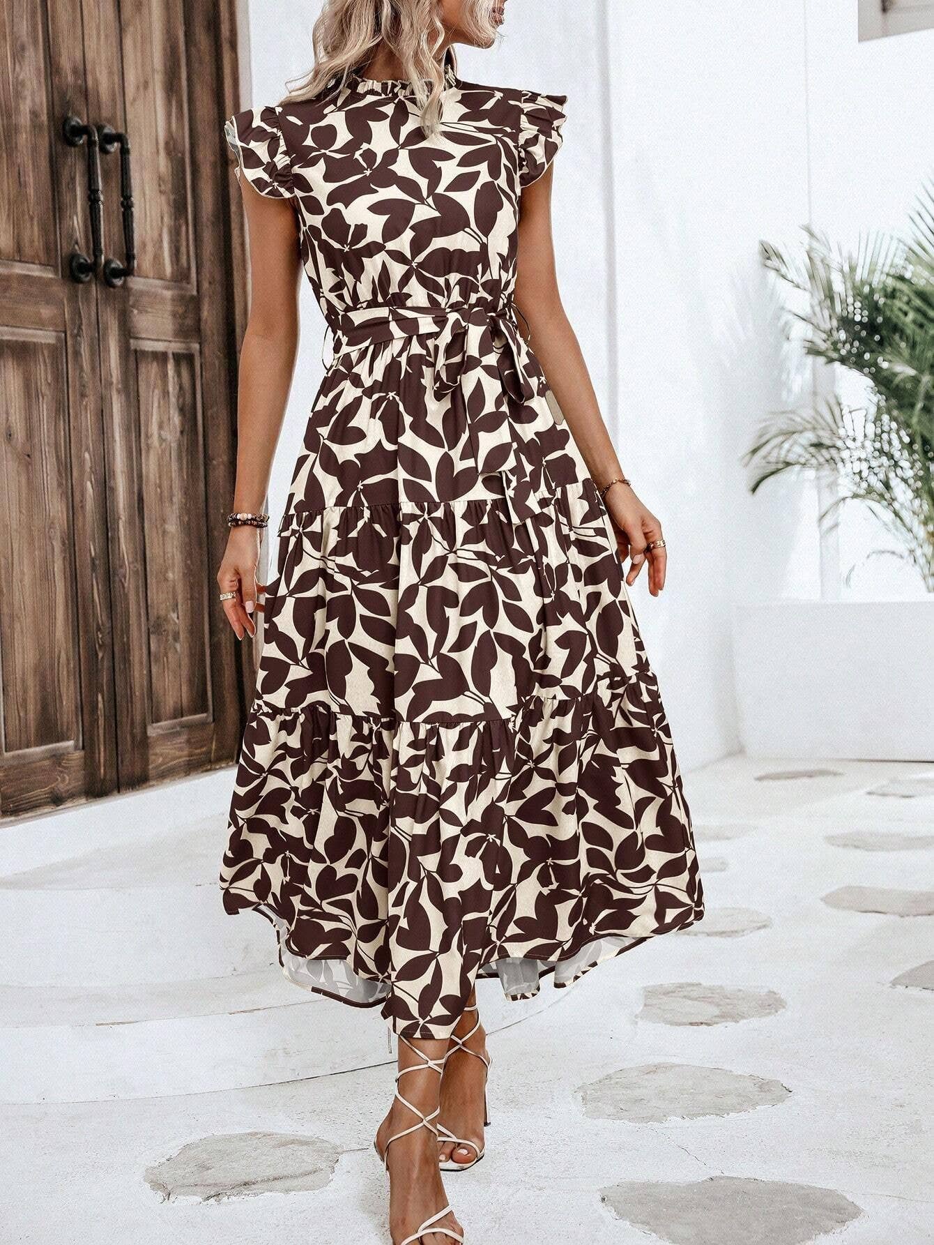 Fashion wooden ears fly-sleeve lace-up long dress