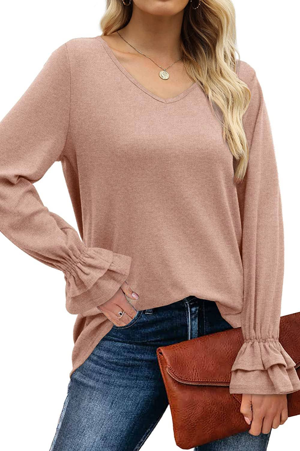 FLARED LONG SLEEVE SOLID COLOR T-SHIRT BLOUSE