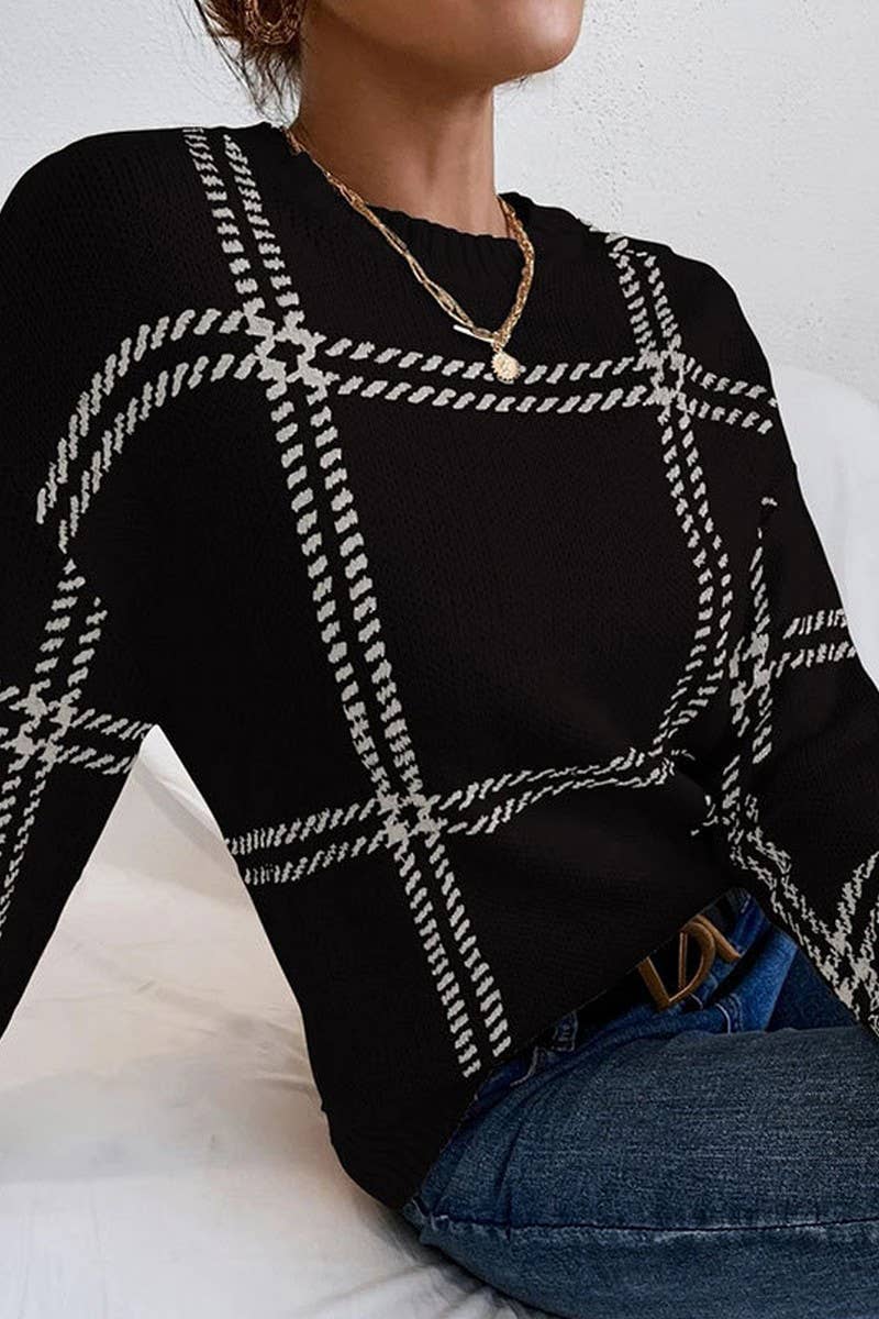 CWOSWL07350_PLAID COLORBLOCK CREWNECK KNIT SWEATER