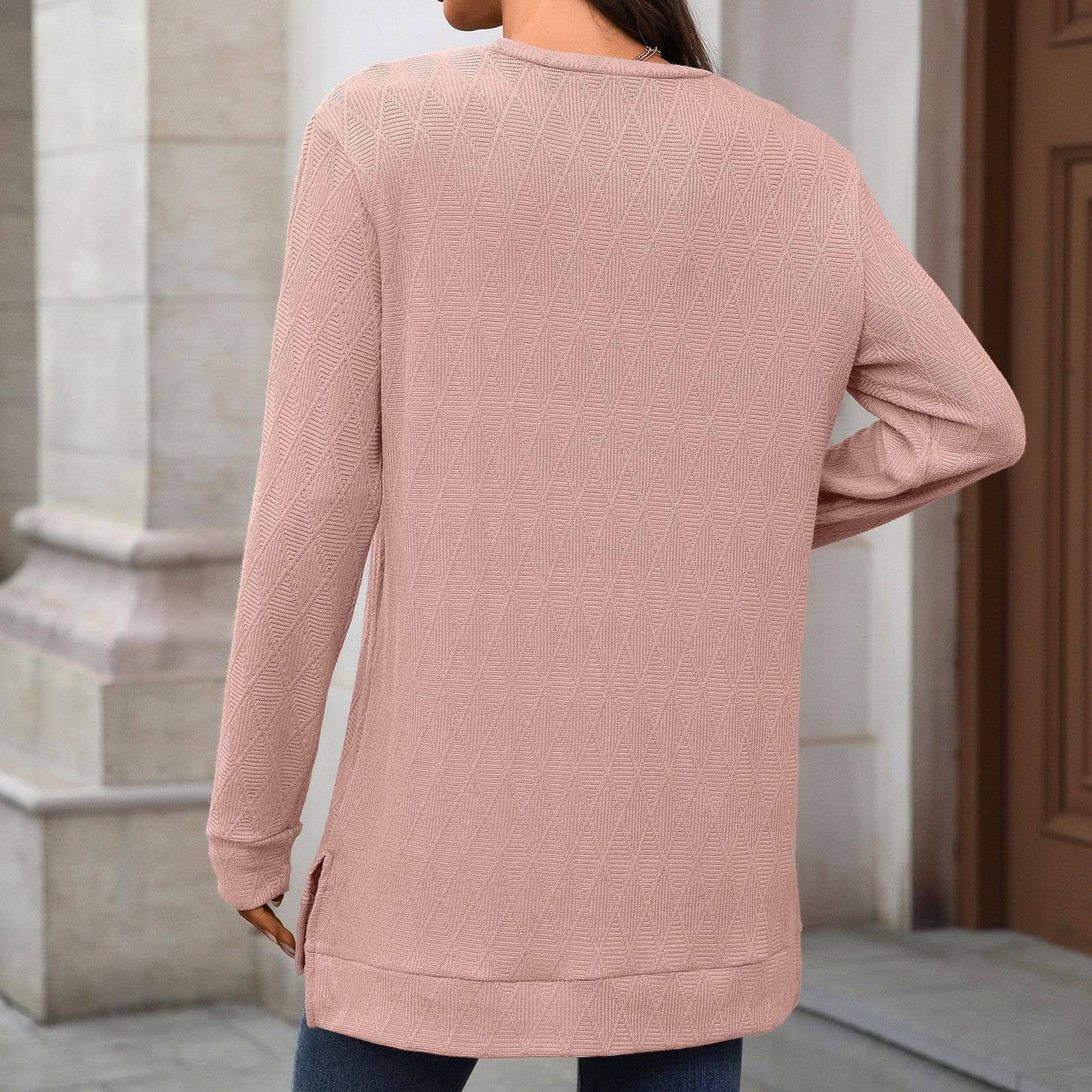 Round-neck knitted jacquard long-sleeved T-shirt