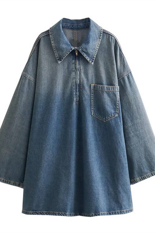 CWDSD6654_LAPEL LOOSE LONG-SLEEVED DENIM DRESS