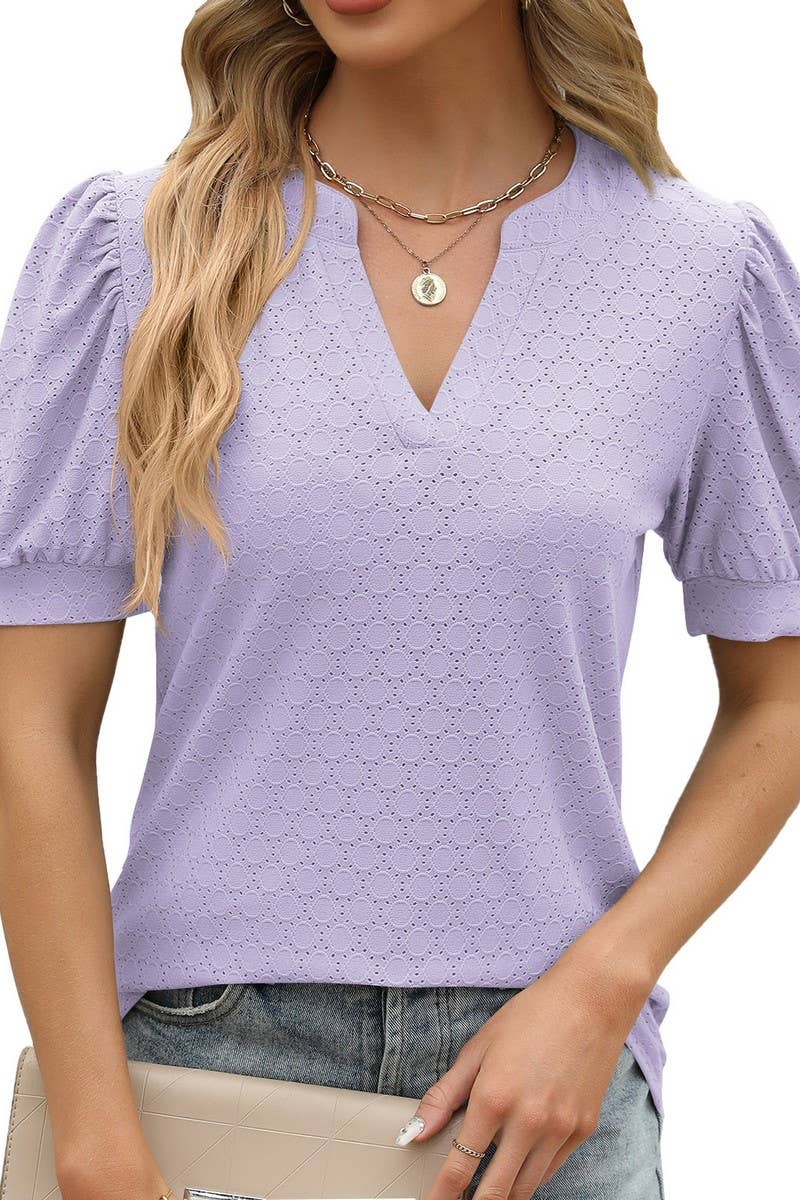 V NECK PUFFY SLEEVE PLEATED LOOSE T SHIRT_CWTSTS0181