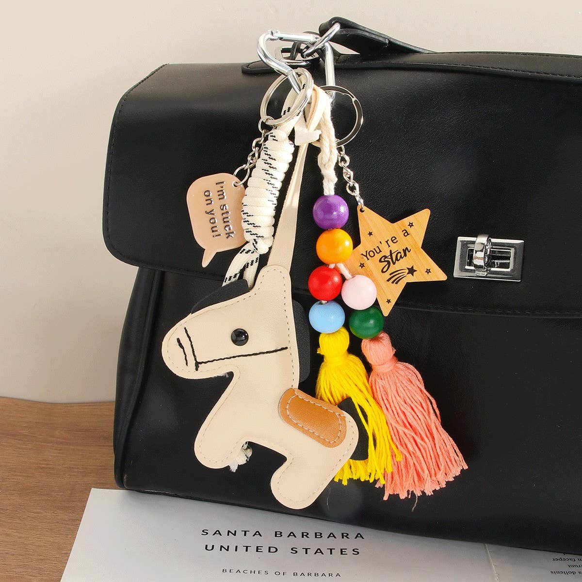 Cream PU Pony Tassel Star Bag Charm Keychain