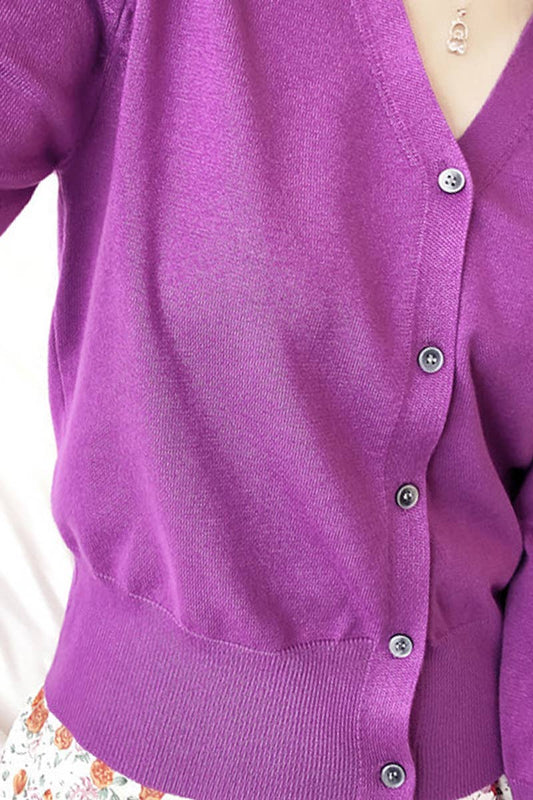 CWOCAL0333 Button Down Sleeve  V-Neck Cardigan Sweater