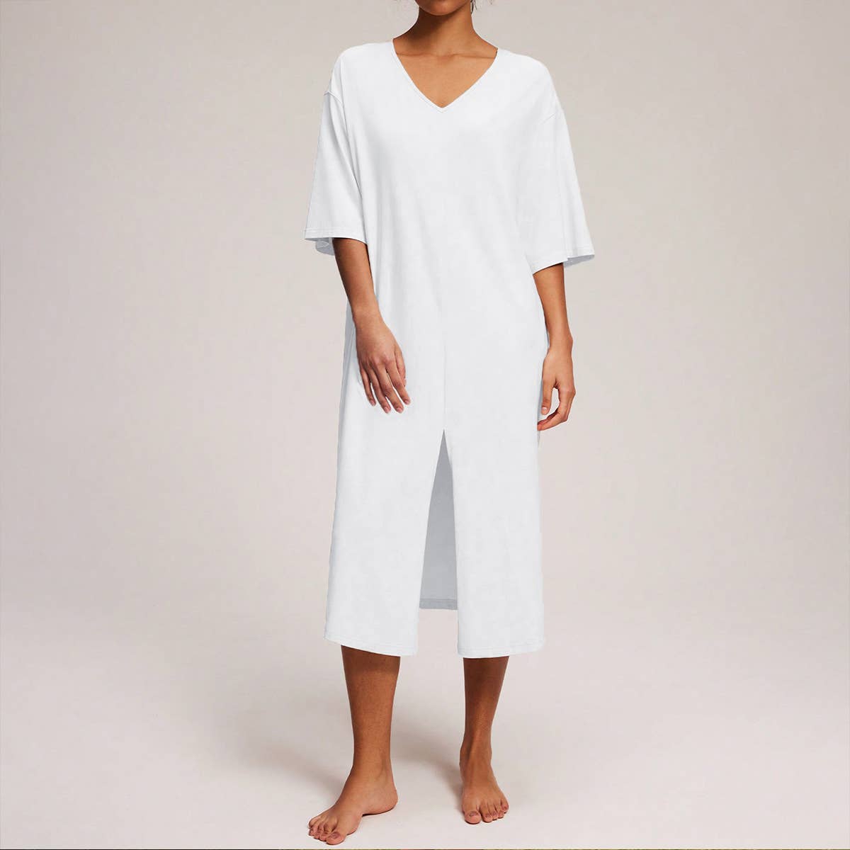 Loose and casual V-neck half-sleeve slit dress