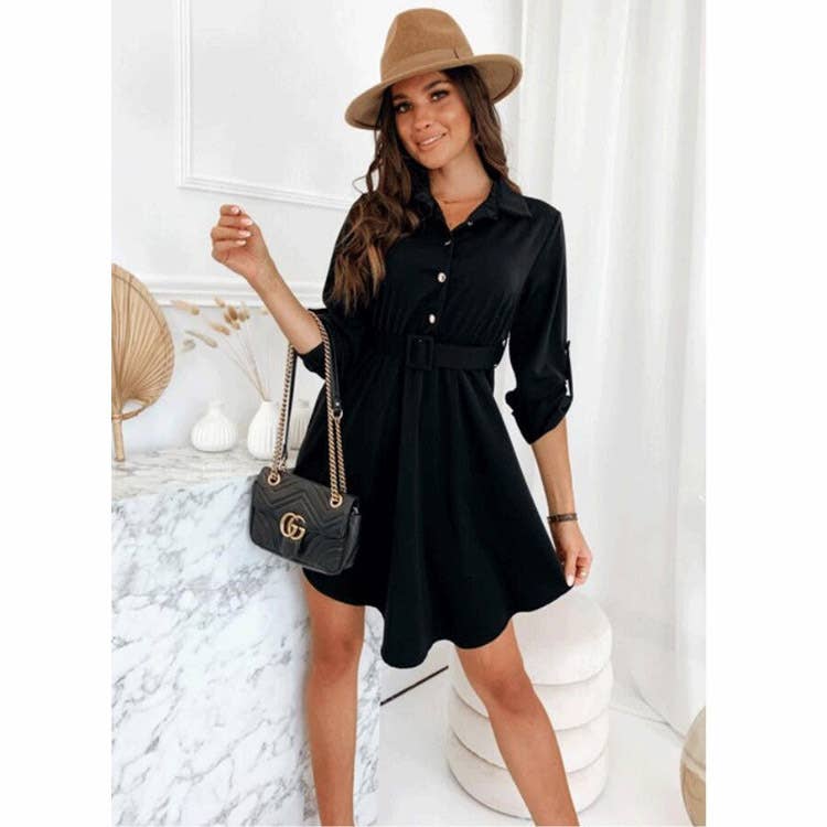 Rolled-up sleeves cinched waist shirt dress