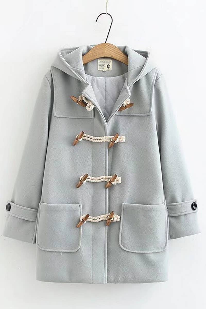 CWOCO0988_DOUBLE WOODEN BUTTON HOODED WOOLEN COAT
