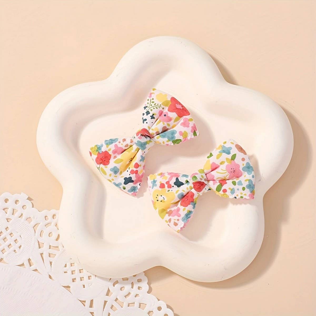 Baby Pink Plaid Lace Bow Hair Clip Set_CWAHA6705