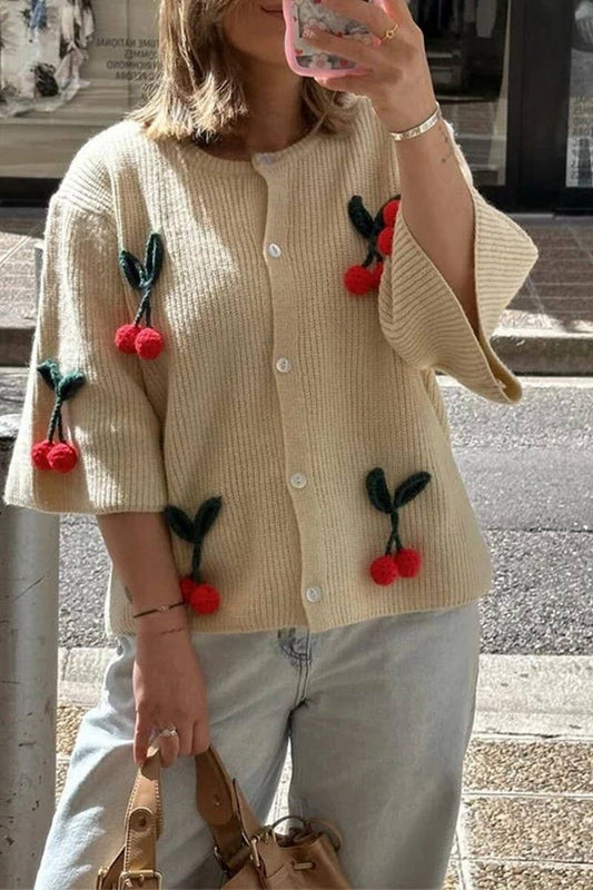 CWOCAL1799_CHERRY DECOR SOLID COLOR CREWNECK KNIT CARDIGAN
