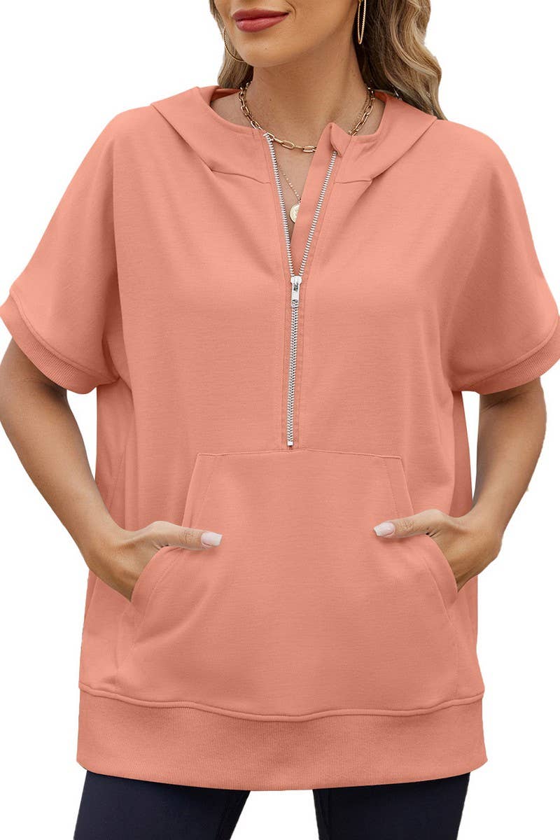 CWOHOS0018_LOOSE FIT ZIPPER SHORT SLEEVE HOODED SWEATSHIRT