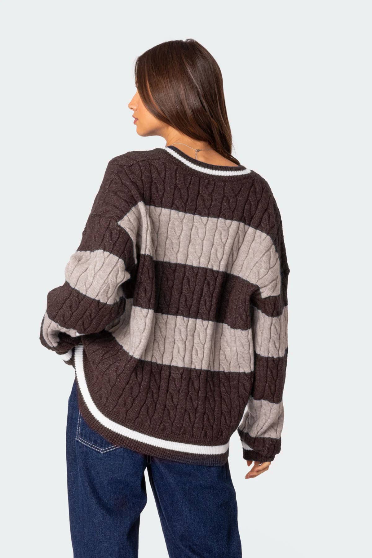 V-neck striped color matching loose sweater