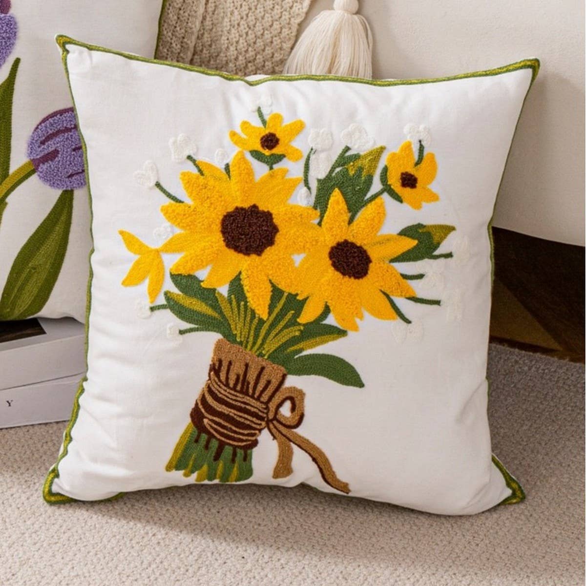 DAISY FLORAL TUFTED PILLOW COVER COTTAGE CHIC DECOR_CWMM7686