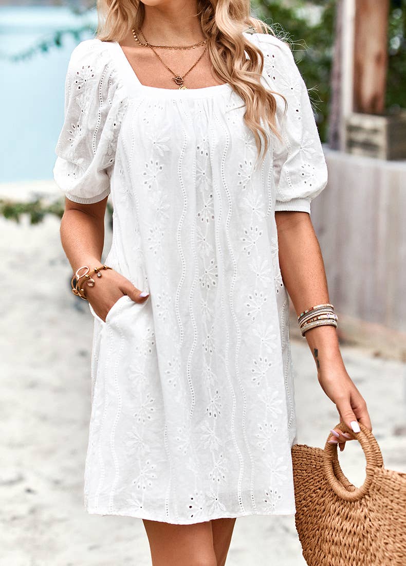 ELEGANT JACQUARD SHORT DRESS WITH SQUARE NECK