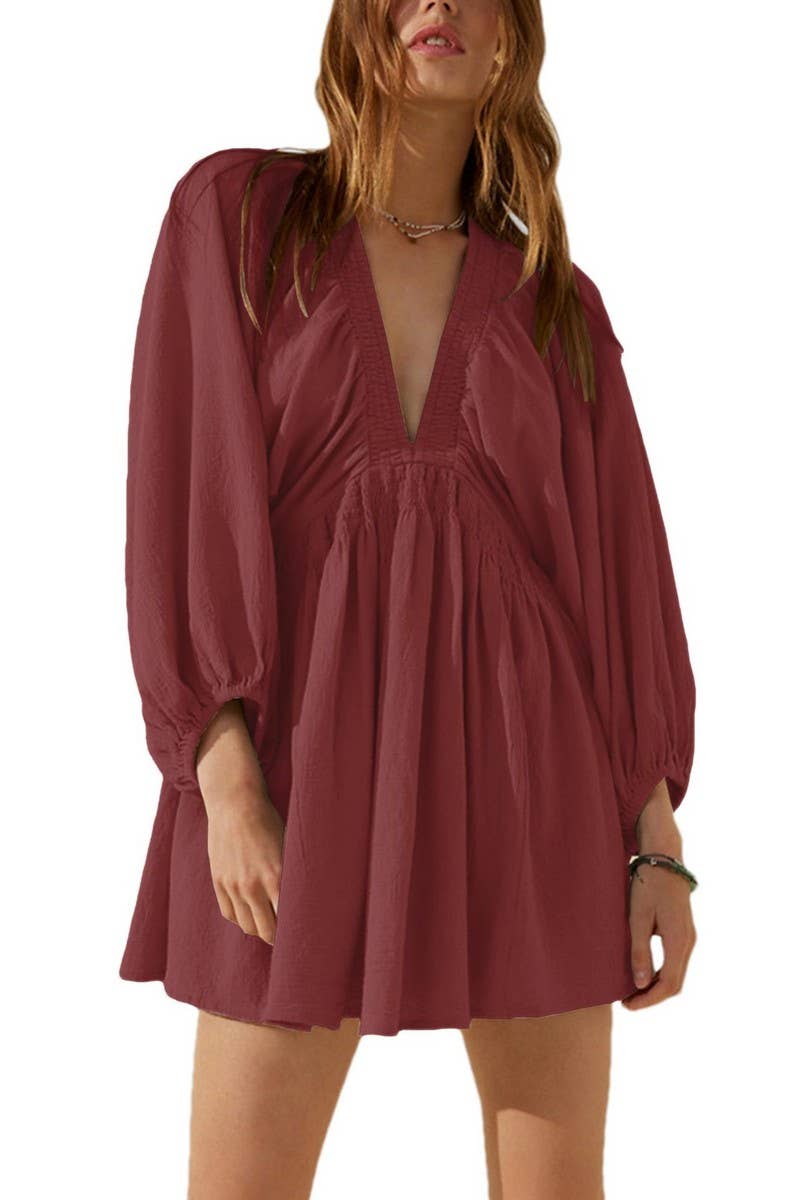 CWDSD8849_V-NECK LONG SLEEVE A-LINE PLEATED DRESS