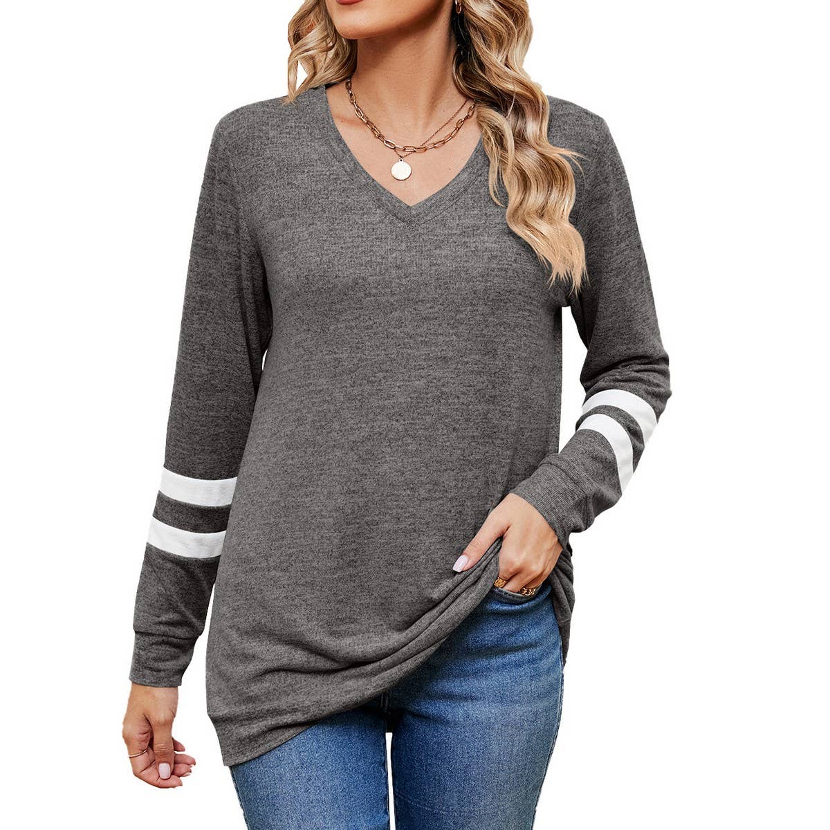 V-neck printed long-sleeved casual top T-shirt