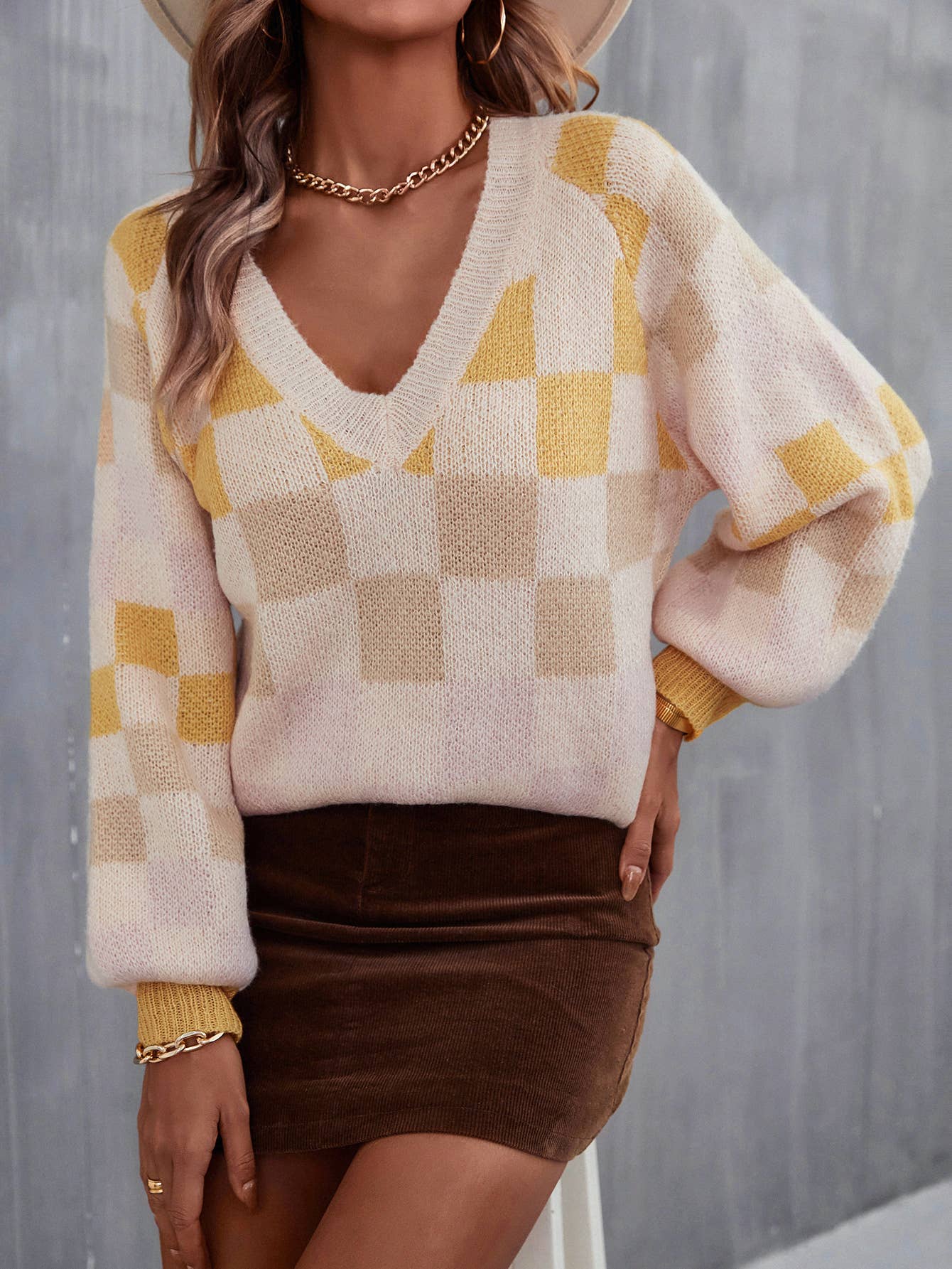 V-NECK PLAID PLUS-SIZE SWEATER PULLOVER