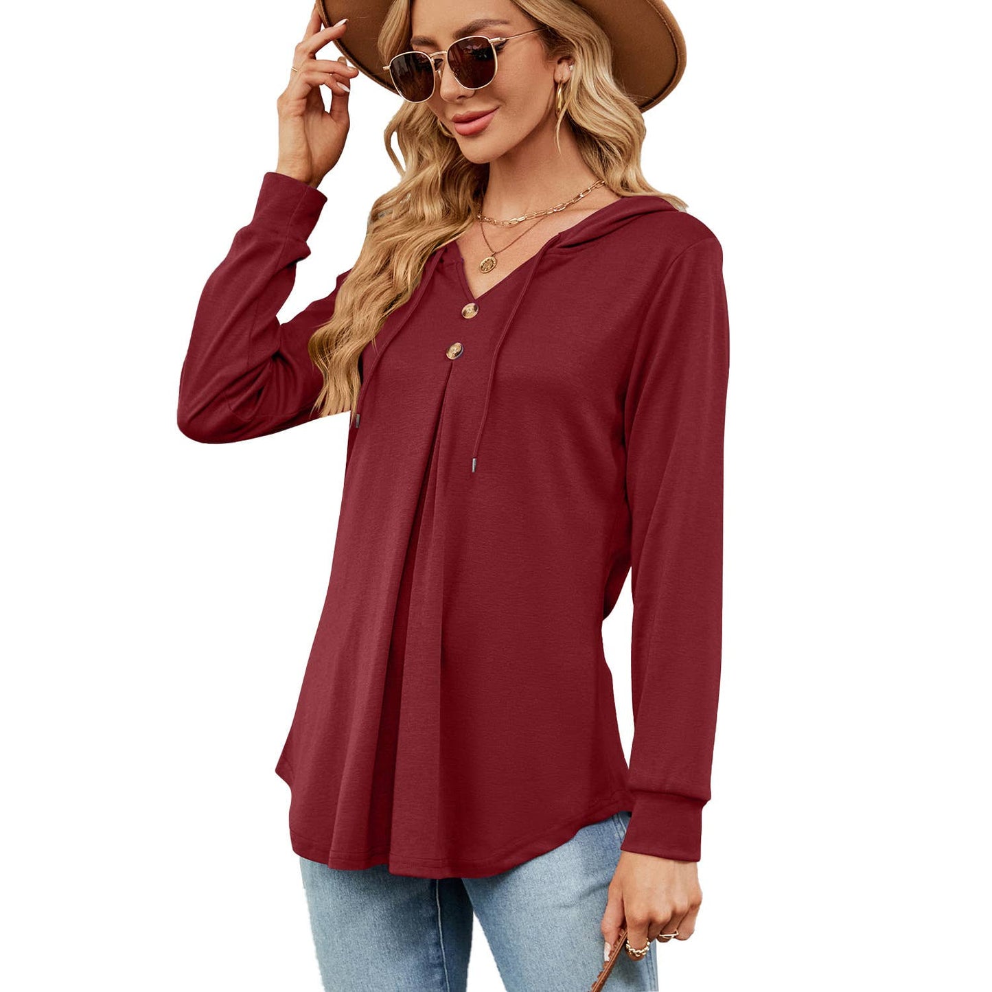 V-NECK BUTTON-UP HOODIE LOOSE LONG-SLEEVED HOODIE